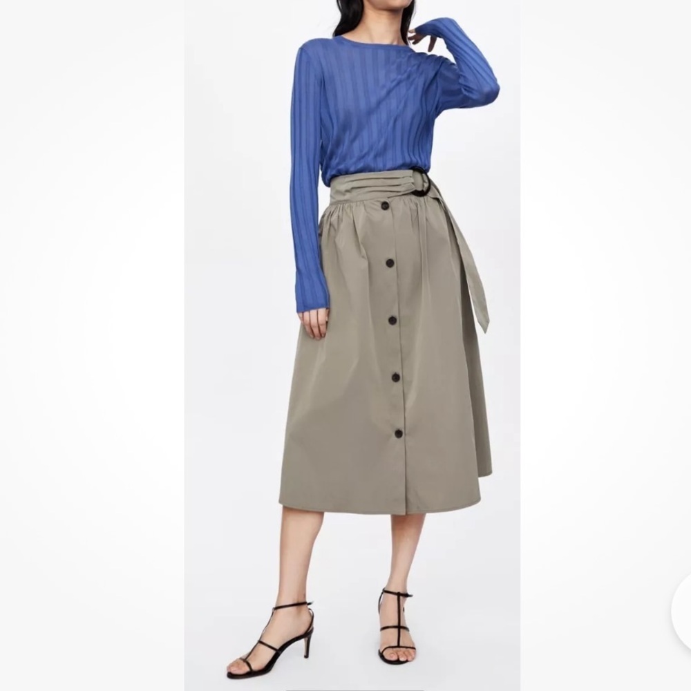 ZARA Button Front Flare Midi Skirt Buckle Tie Waist Olive Green S
